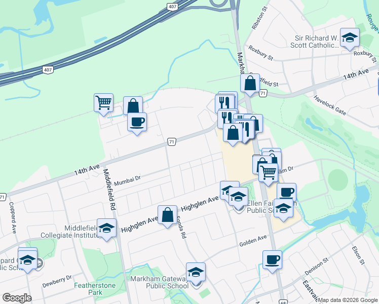 map of restaurants, bars, coffee shops, grocery stores, and more near 5875 14th Avenue in Markham