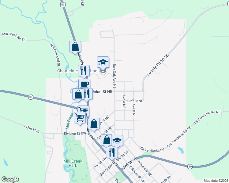 map of restaurants, bars, coffee shops, grocery stores, and more near County Highway 10 in Chatfield