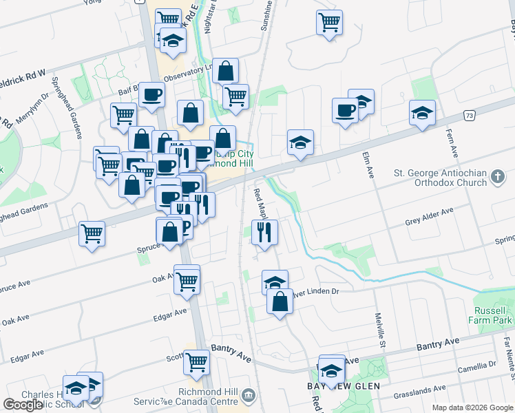 map of restaurants, bars, coffee shops, grocery stores, and more near 370 Red Maple Road in Richmond Hill