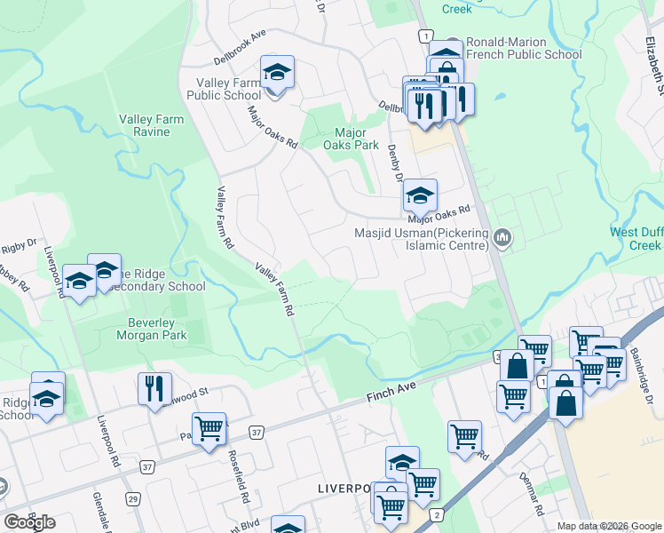map of restaurants, bars, coffee shops, grocery stores, and more near 2319 Wildwood Crescent in Pickering