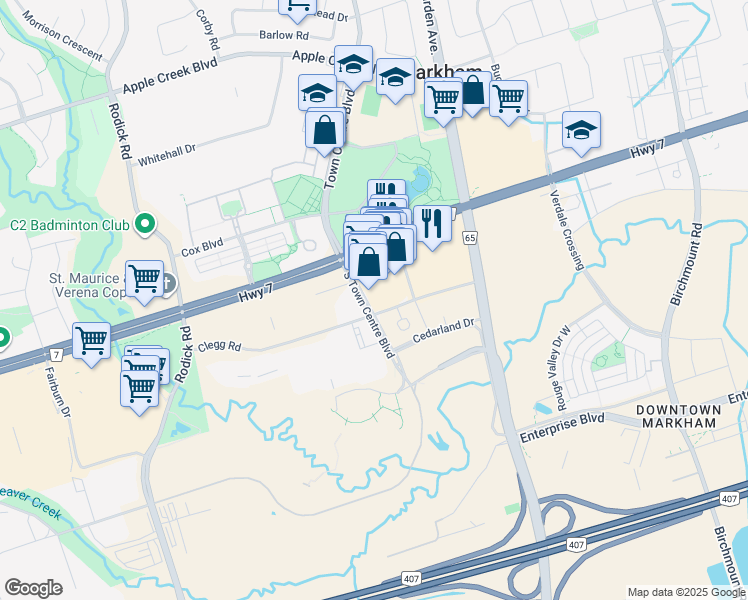 map of restaurants, bars, coffee shops, grocery stores, and more near 75 South Town Centre Boulevard in Markham