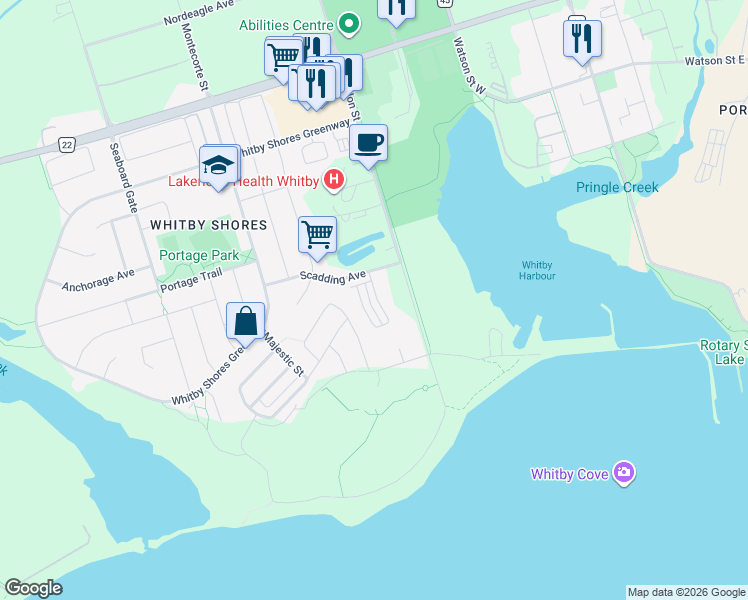 map of restaurants, bars, coffee shops, grocery stores, and more near in Whitby