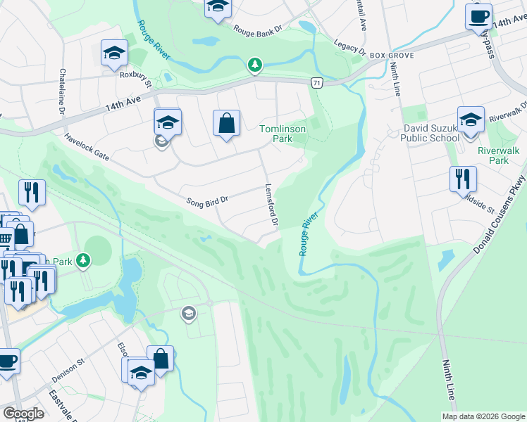 map of restaurants, bars, coffee shops, grocery stores, and more near 40 Rouge Fairway Street in Markham
