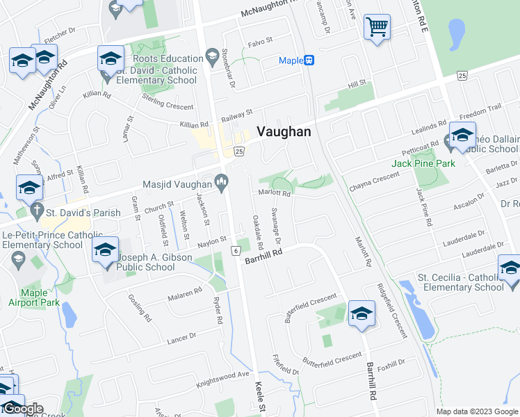 map of restaurants, bars, coffee shops, grocery stores, and more near 75 Oakdale Road in Vaughan