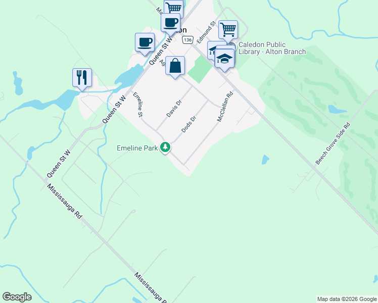 map of restaurants, bars, coffee shops, grocery stores, and more near 44 McClellan Road in Alton