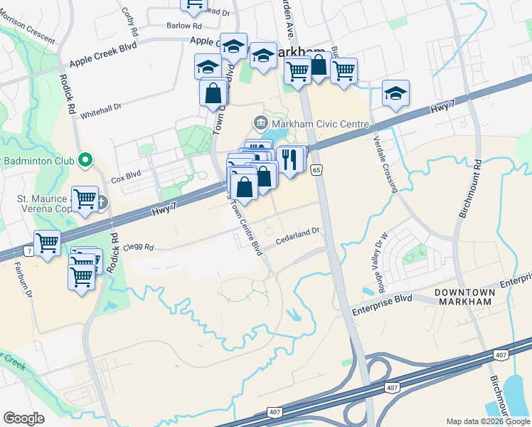 map of restaurants, bars, coffee shops, grocery stores, and more near 30 Clegg Road in Markham