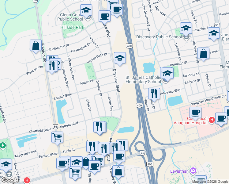 map of restaurants, bars, coffee shops, grocery stores, and more near 108 Argento Crescent in Vaughan