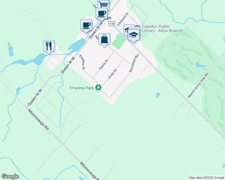 map of restaurants, bars, coffee shops, grocery stores, and more near 50 McClellan Road in Alton