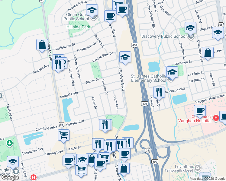 map of restaurants, bars, coffee shops, grocery stores, and more near Argento Crescent in Vaughan