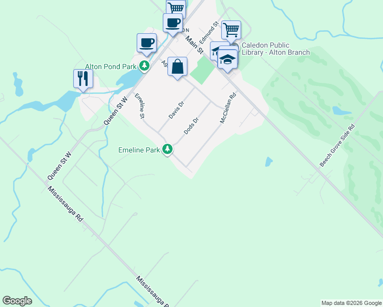 map of restaurants, bars, coffee shops, grocery stores, and more near 43 McClellan Road in Alton