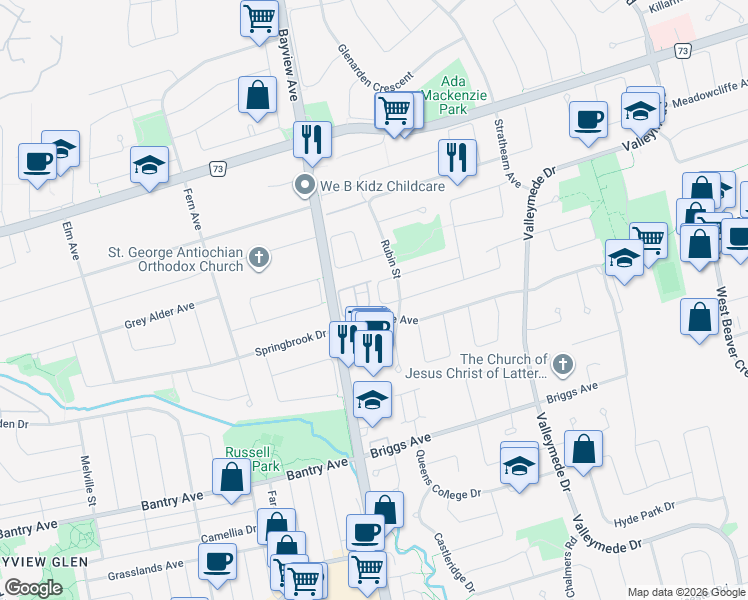 map of restaurants, bars, coffee shops, grocery stores, and more near 9133 Bayview Avenue in Richmond Hill