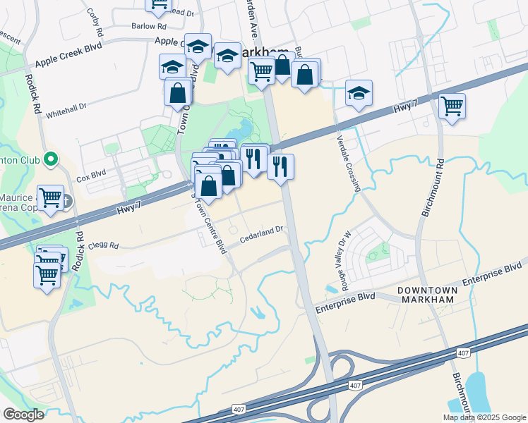 map of restaurants, bars, coffee shops, grocery stores, and more near 9 Clegg Road in Markham
