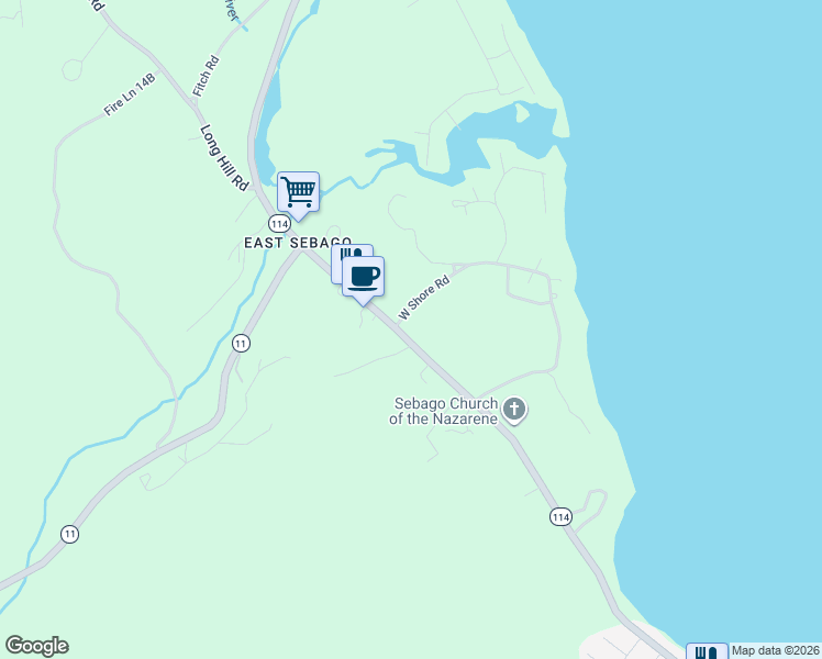 map of restaurants, bars, coffee shops, grocery stores, and more near 237 Sebago Road in Sebago