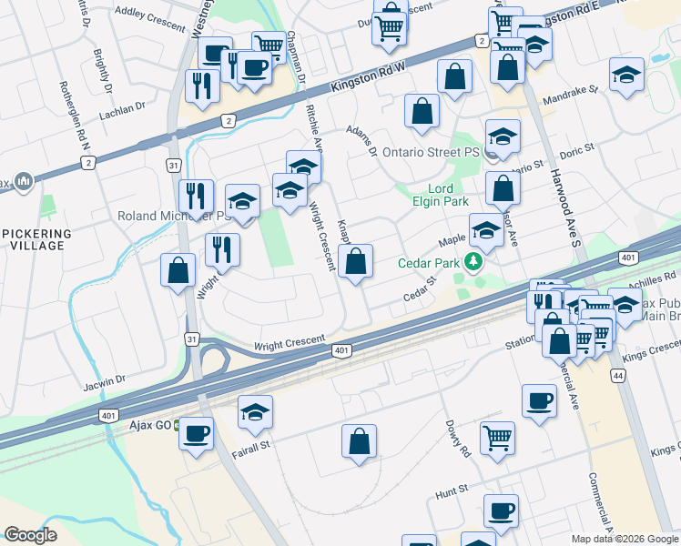 map of restaurants, bars, coffee shops, grocery stores, and more near 51 Wright Crescent in Ajax