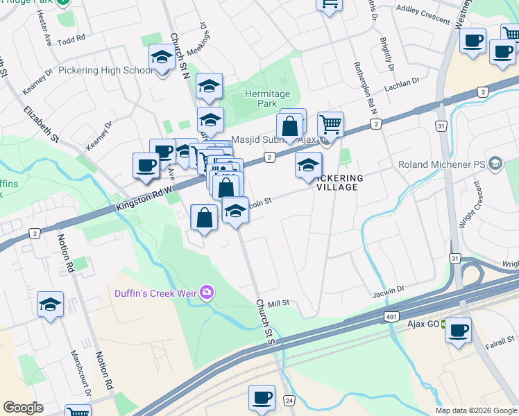 map of restaurants, bars, coffee shops, grocery stores, and more near 37 Lincoln Street in Ajax
