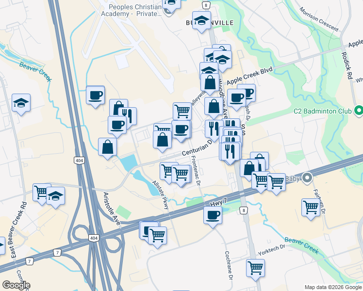 map of restaurants, bars, coffee shops, grocery stores, and more near 80e Centurian Drive in Markham