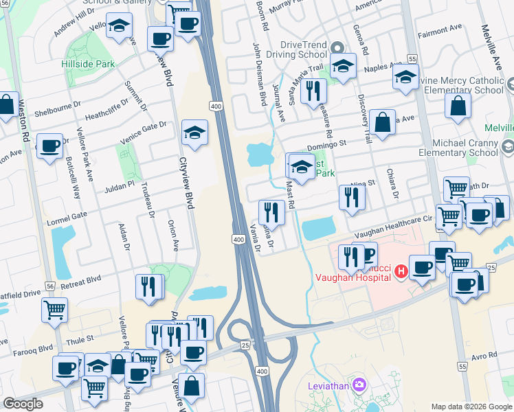 map of restaurants, bars, coffee shops, grocery stores, and more near 57 Queen Isabella Crescent in Vaughan