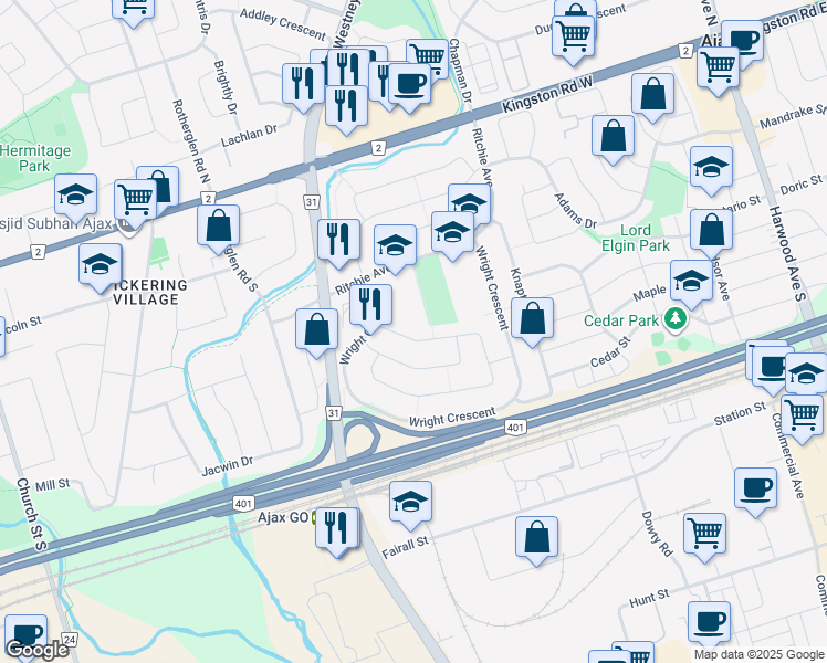 map of restaurants, bars, coffee shops, grocery stores, and more near 22 Reed Drive in Ajax