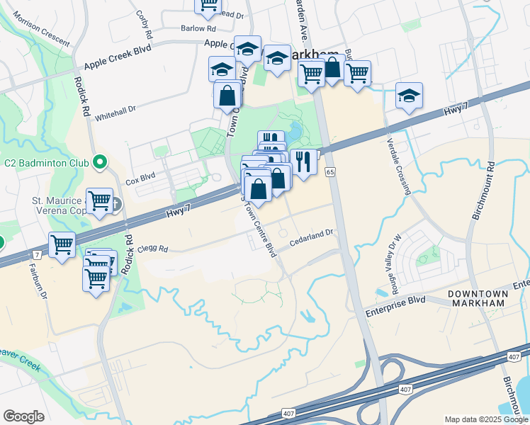 map of restaurants, bars, coffee shops, grocery stores, and more near in Markham