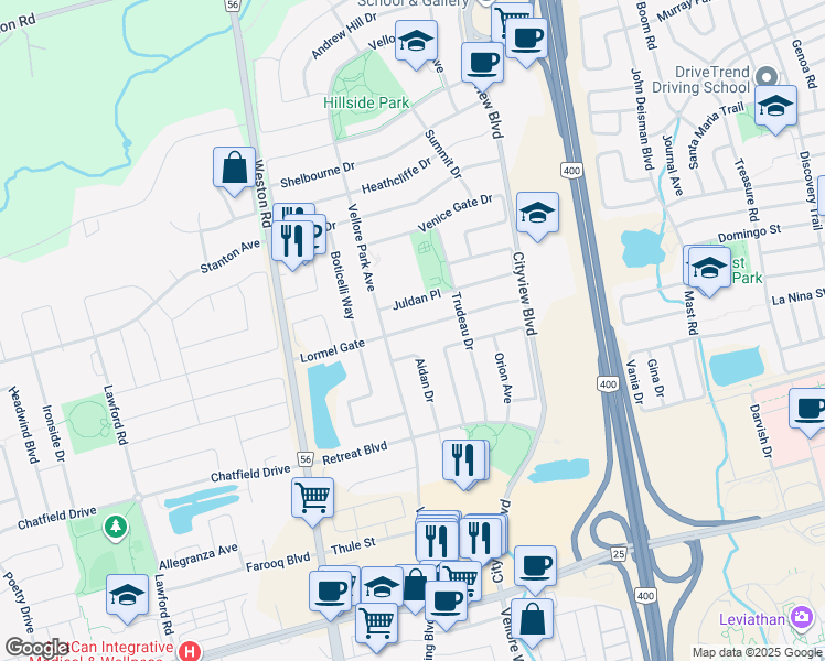 map of restaurants, bars, coffee shops, grocery stores, and more near 79 Aidan Drive in Vaughan