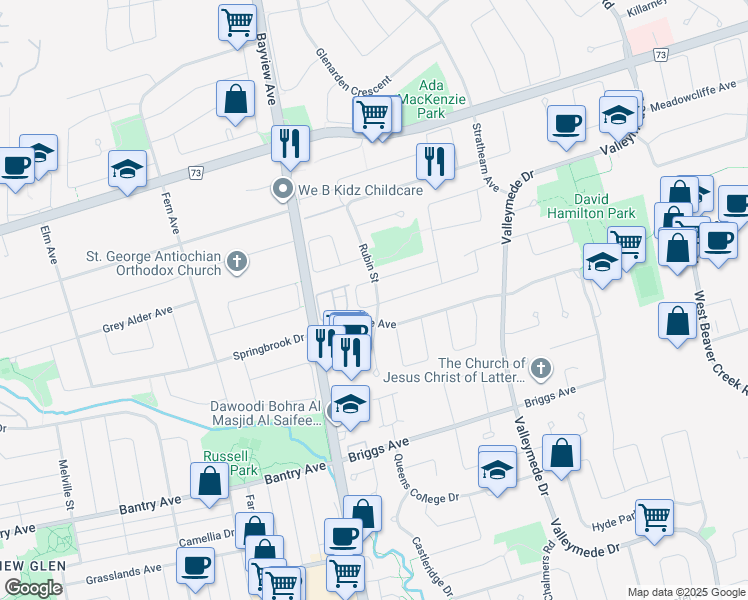 map of restaurants, bars, coffee shops, grocery stores, and more near 87 Royal Manor Crescent in Richmond Hill