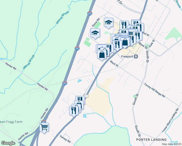 map of restaurants, bars, coffee shops, grocery stores, and more near 41 Somerset in Freeport