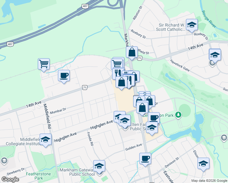 map of restaurants, bars, coffee shops, grocery stores, and more near 51 Johann Drive in Markham