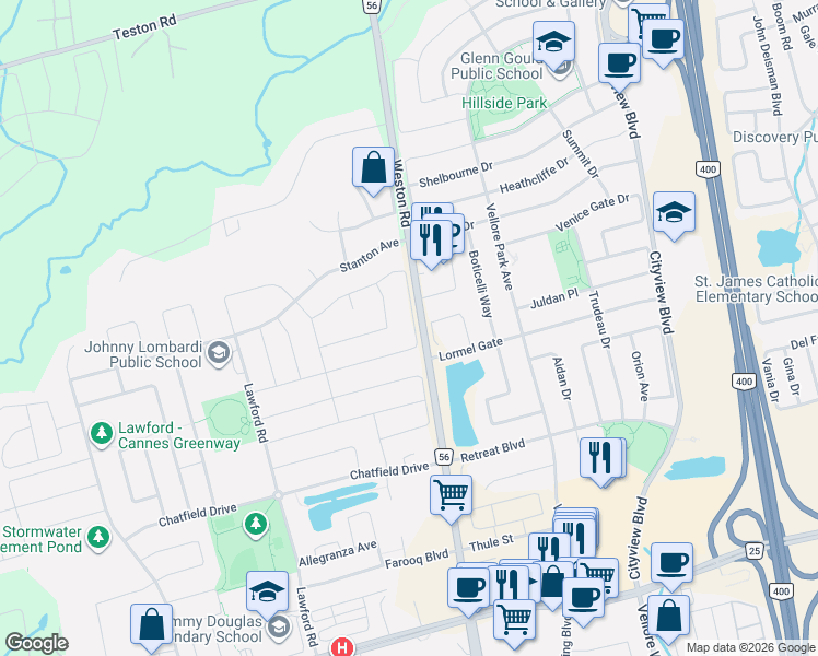 map of restaurants, bars, coffee shops, grocery stores, and more near 117 Hansard Drive in Vaughan