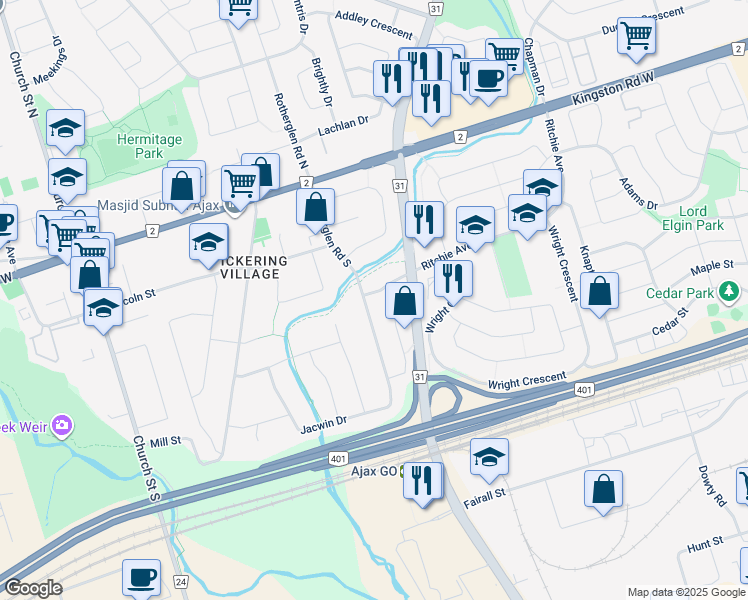 map of restaurants, bars, coffee shops, grocery stores, and more near 15 Bramwell Drive in Ajax