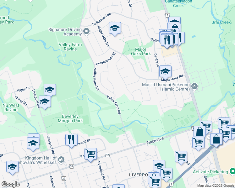 map of restaurants, bars, coffee shops, grocery stores, and more near 2323 Strathmore Crescent in Pickering