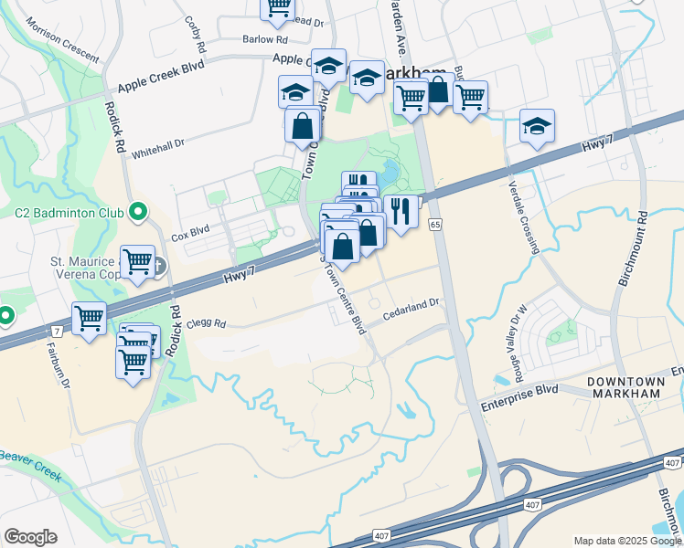 map of restaurants, bars, coffee shops, grocery stores, and more near in Markham