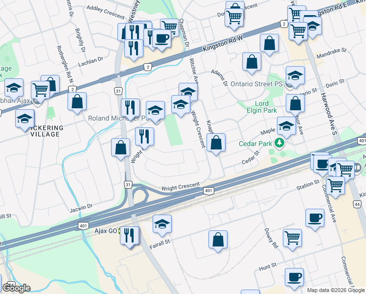 map of restaurants, bars, coffee shops, grocery stores, and more near 44 Reed Drive in Ajax
