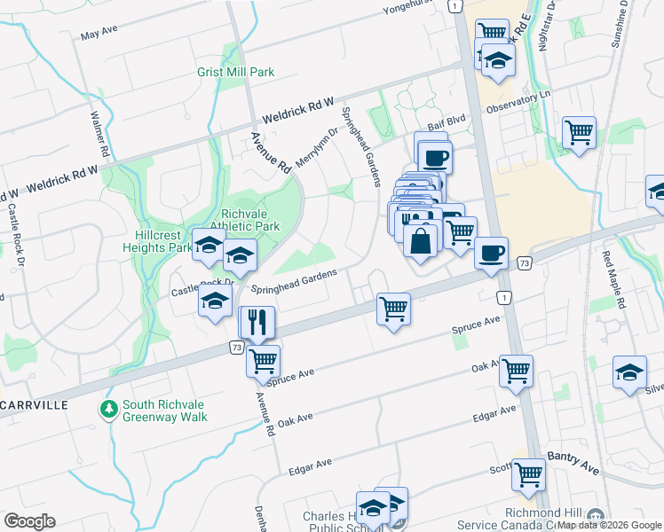 map of restaurants, bars, coffee shops, grocery stores, and more near 66 Springhead Gardens in Richmond Hill
