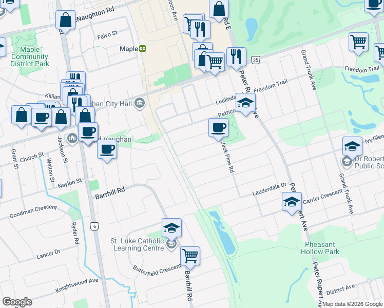 map of restaurants, bars, coffee shops, grocery stores, and more near 67 Chayna Crescent in Vaughan