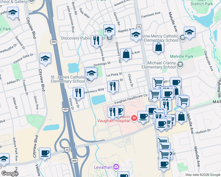 map of restaurants, bars, coffee shops, grocery stores, and more near 269 Treasure Road in Vaughan