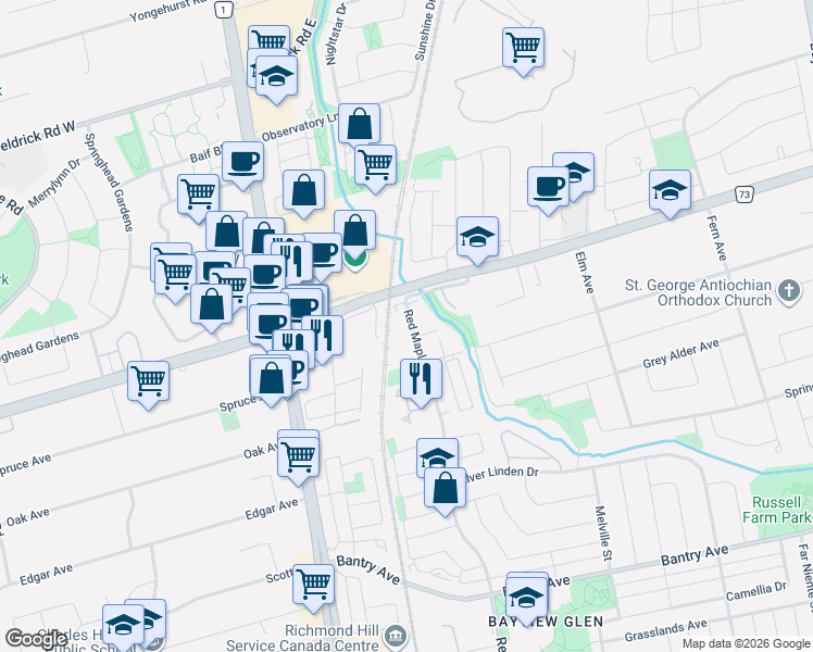 map of restaurants, bars, coffee shops, grocery stores, and more near 370 B Red Maple Road in Richmond Hill