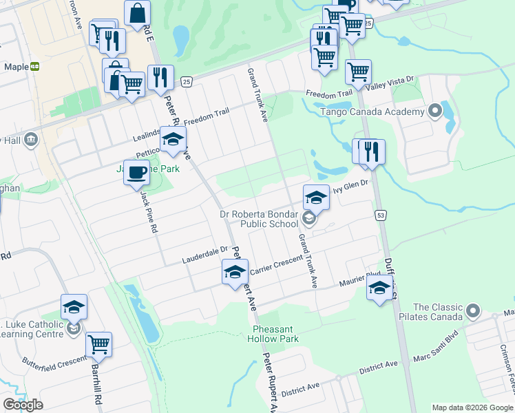 map of restaurants, bars, coffee shops, grocery stores, and more near Oberfrick Avenue in Vaughan