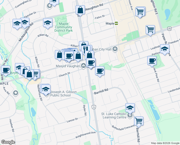 map of restaurants, bars, coffee shops, grocery stores, and more near 9929 Keele Street in Vaughan