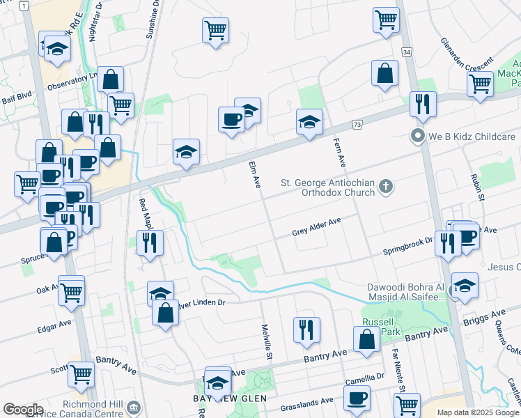 map of restaurants, bars, coffee shops, grocery stores, and more near 115 Pathlane Road in Richmond Hill