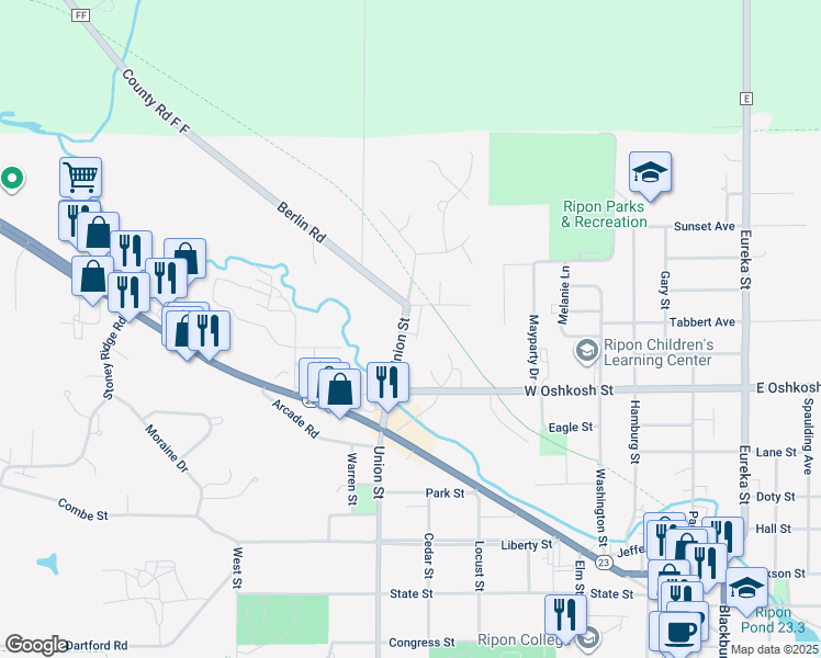 map of restaurants, bars, coffee shops, grocery stores, and more near 525 North Union Street in Ripon