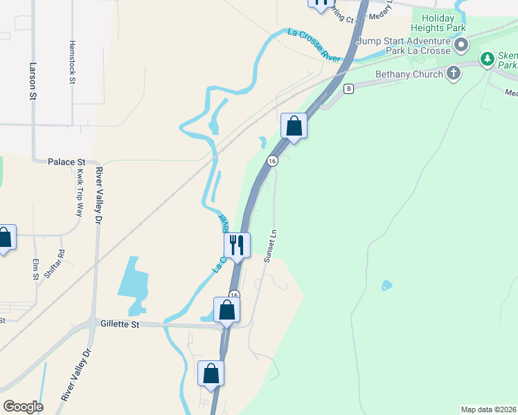 map of restaurants, bars, coffee shops, grocery stores, and more near 2039 Sunset Lane in La Crosse