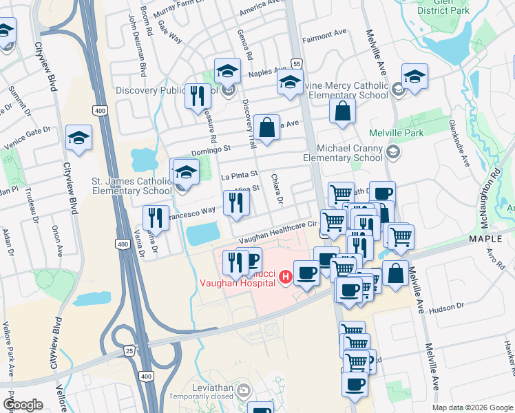 map of restaurants, bars, coffee shops, grocery stores, and more near 31 Pietro Drive in Vaughan
