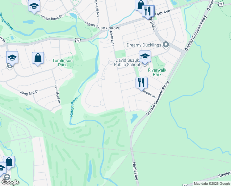 map of restaurants, bars, coffee shops, grocery stores, and more near 17 Ridgevale Drive in Markham