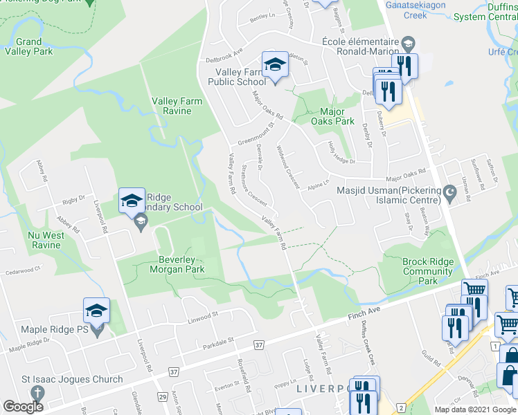 map of restaurants, bars, coffee shops, grocery stores, and more near 2348 Strathmore Crescent in Pickering