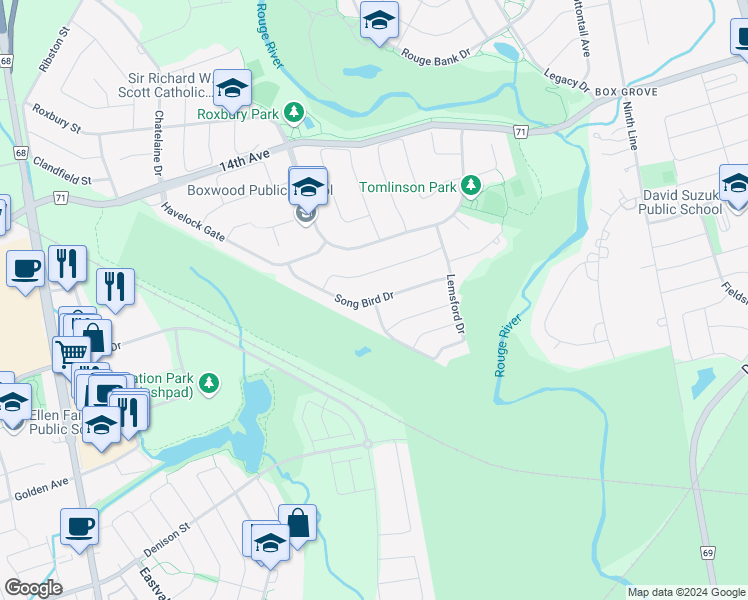 map of restaurants, bars, coffee shops, grocery stores, and more near Song Bird Drive in Markham