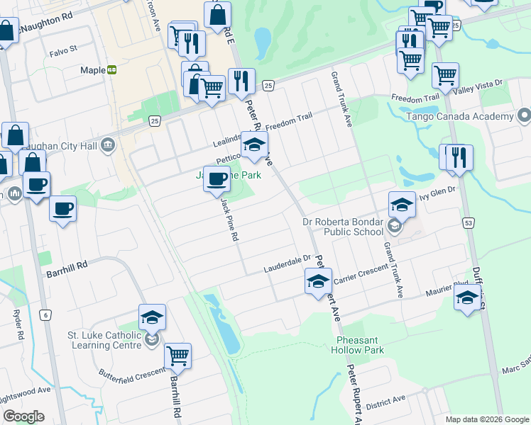 map of restaurants, bars, coffee shops, grocery stores, and more near 50 Ascalon Drive in Vaughan