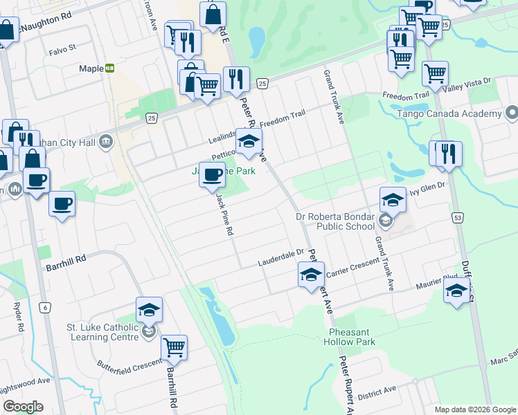 map of restaurants, bars, coffee shops, grocery stores, and more near 50 Ascalon Drive in Vaughan