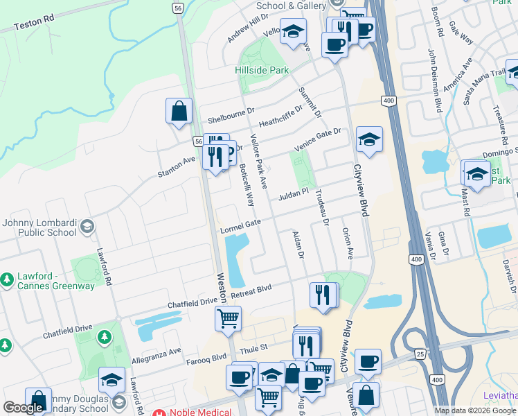map of restaurants, bars, coffee shops, grocery stores, and more near 17 Boticelli Way in Vaughan