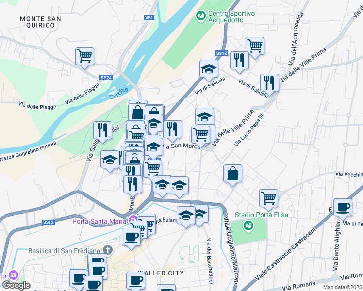 map of restaurants, bars, coffee shops, grocery stores, and more near 180 Via Italico e Quirino Baccelli in Lucca