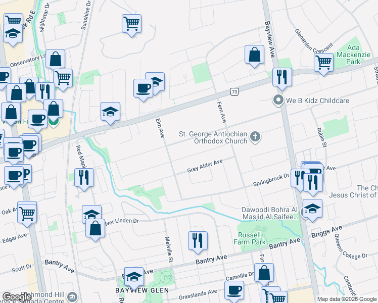 map of restaurants, bars, coffee shops, grocery stores, and more near 94 Pathlane Road in Richmond Hill